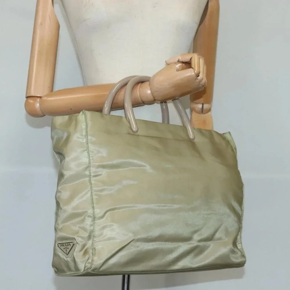 PRADA Tote Bag Nylon Plastic Beige Silver Auth 99542 - Picture 3 of 16